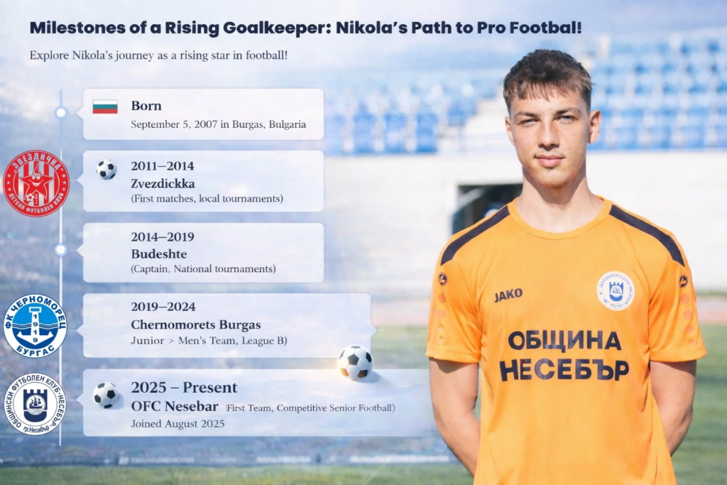 Nikola Nikolov goalkeeper career timeline showing clubs and milestones from youth football to OFC Nesebar first team