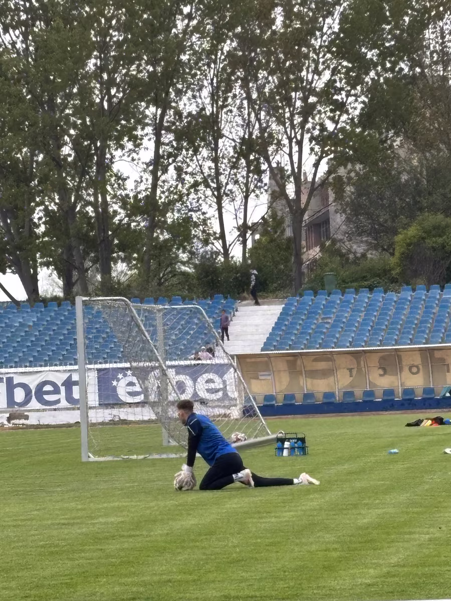 Nikola Nikolov goalkeeper making a save during training at Chernomorets stadium, Burgas